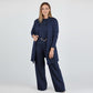 Elegante cardigan lungo, top e pantaloni, set di 3 pezzi
