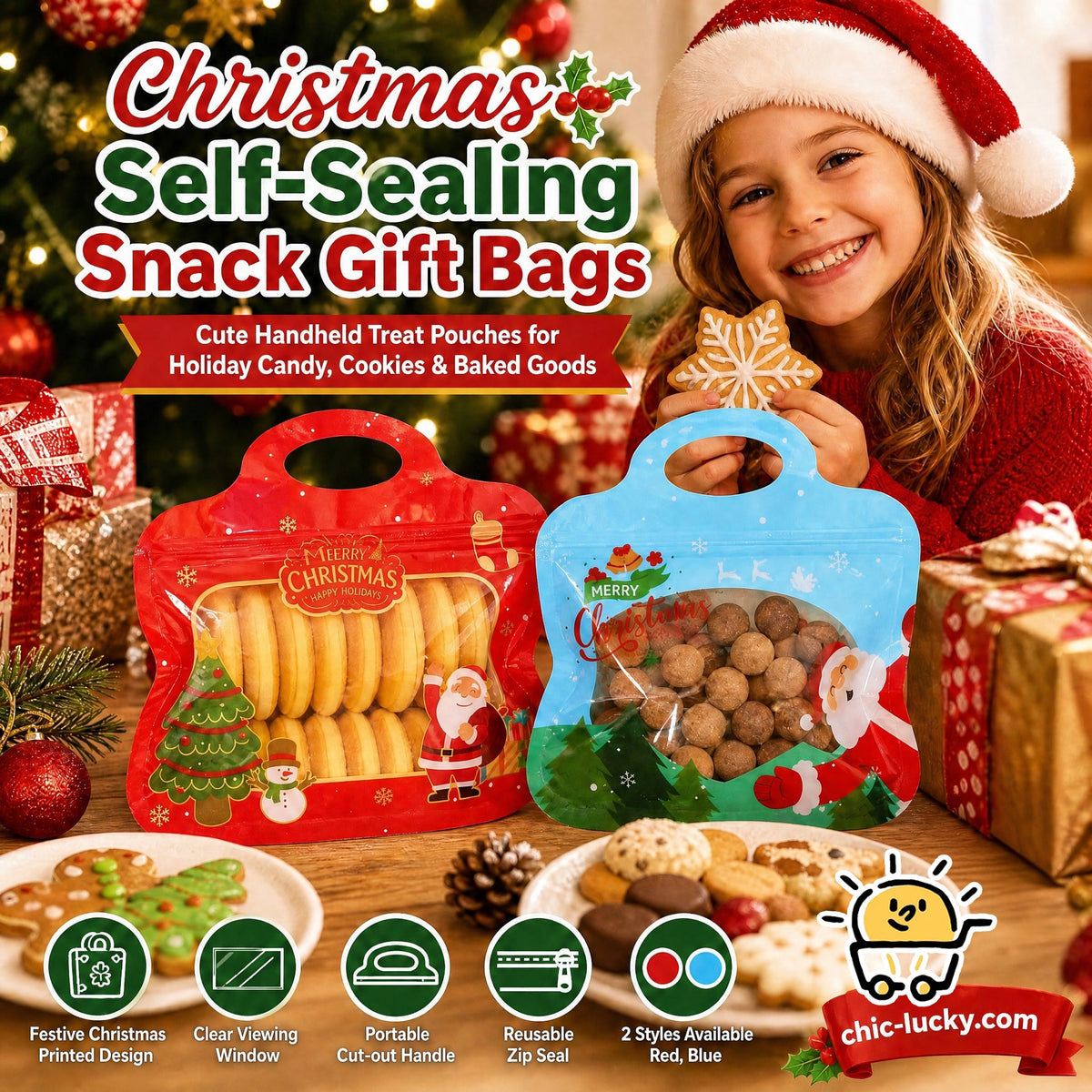 💖LAST DAY SALE 50% OFF!!🎁Easy Fill, Easy Seal🎄 Festive Self-Seal Treat Bags – Santa & Snowman Print | Resealable, Food-Safe & Perfect for Cookies, Chocolates & Little Gifts 🎅⛄