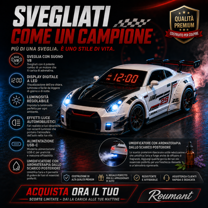Svegliati al rombo di un motore V8 🏎️ Sveglia a forma di auto sportiva con funzione umidificatrice