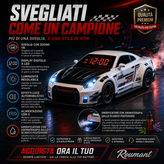 Svegliati al rombo di un motore V8 🏎️ Sveglia a forma di auto sportiva con funzione umidificatrice