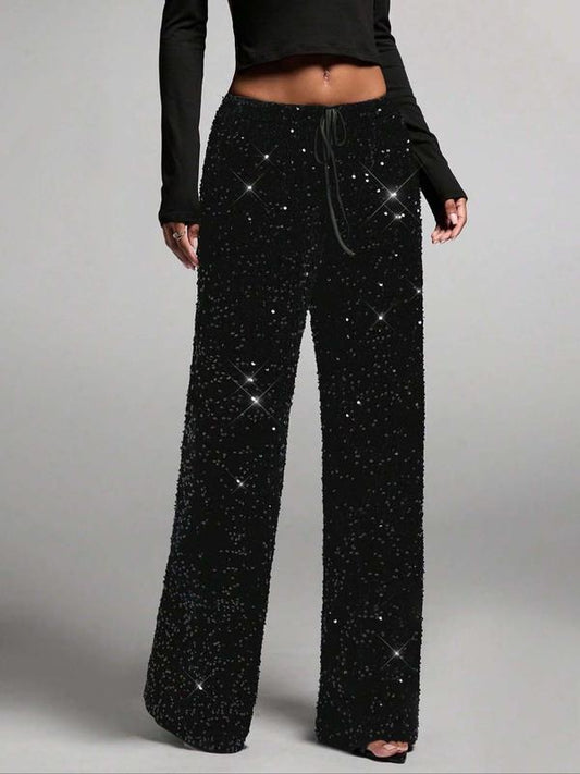 💖 ULTIMO GIORNO SALDI: 50% DI SCONTO! 🎉 Pantaloni da Donna a Gamba Larga con Paillettes – Vita Elastica, Tessuto Brillante & Confortevole ✨👖📦