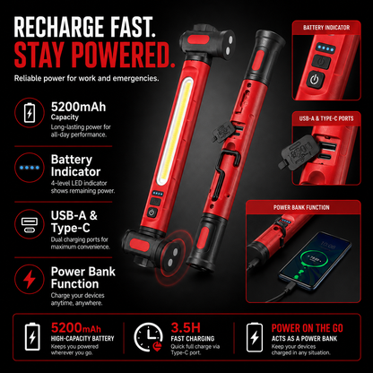 Lampada da lavoro a LED ricaricabile – Lampada da officina portatile magnetica da 3000 lm con rotazione a 360° e funzione power bank 🔦