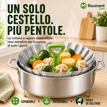 Cestello per cottura a vapore regolabile e pieghevole in acciaio inossidabile