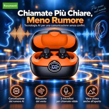 Auricolari wireless con traduzione in tempo reale tramite IA, riduzione del rumore, audio Hi-Fi, chiamate con triplo microfono, comandi touch, impermeabilità IPX5 e custodia di ricarica con LED