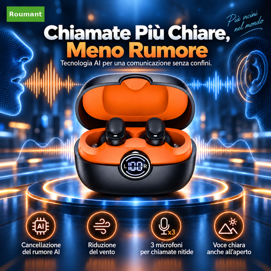 Auricolari wireless con traduzione in tempo reale tramite IA, riduzione del rumore, audio Hi-Fi, chiamate con triplo microfono, comandi touch, impermeabilità IPX5 e custodia di ricarica con LED