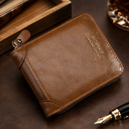 Portafoglio vintage da uomo corto con chiusura a zip integrale e design a tre ante