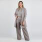 Elegante cardigan lungo, top e pantaloni, set di 3 pezzi