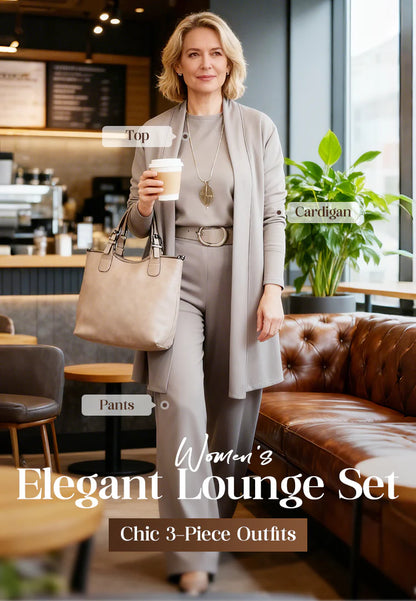 Elegante cardigan lungo, top e pantaloni, set di 3 pezzi