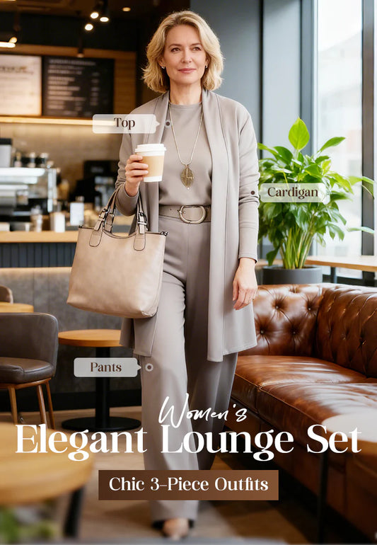 Elegante cardigan lungo, top e pantaloni, set di 3 pezzi