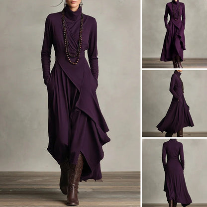 Elegante abito lungo drappeggiato asimmetrico con collo alto da donn