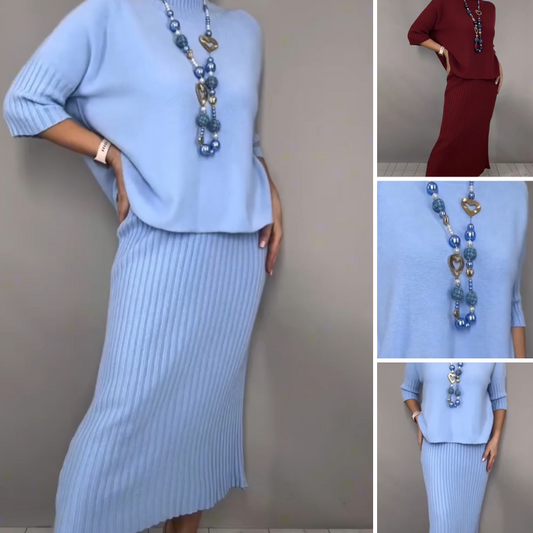 Elegante set composto da maglione lavorato a maglia e gonna mid