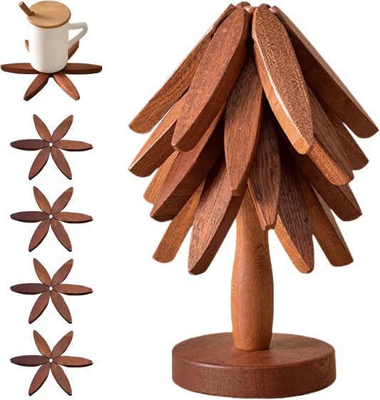 🎅Saldi natalizi - 50% DI SCONTO🎄✨Set di sottopentola naturali - 4 sottopentola in legno e 1 supporto a forma di albero di Natal