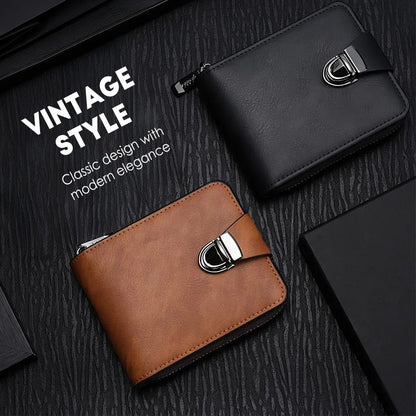 Portafoglio compatto vintage con cerniera da uomo