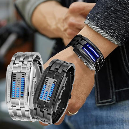 Orologio da uomo Cool Binary in acciaio inossidabile con cinturino a LED, modello alla moda con luce blu, orologio sportivo con placcatura sottovuoto