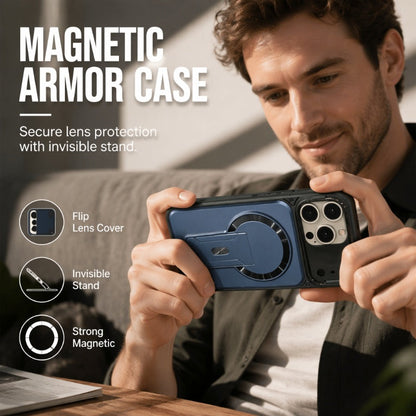 📱✨ Cover Magnetica con Protezione Obiettivo Pieghevole e Supporto Invisibile – PC Opaco Premium, Anello Magnetico Potente, Design Sottile ed Elegante
