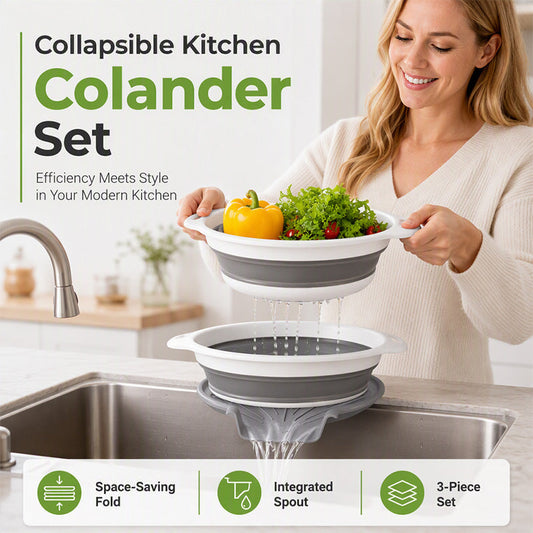 Set di 3 scolapasta pieghevoli con base di sgocciolamento