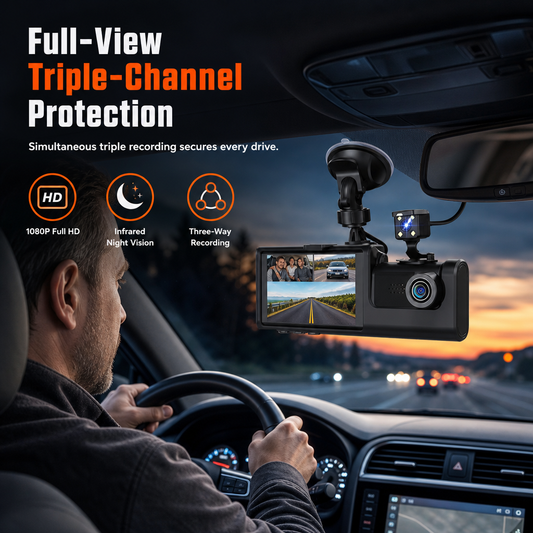 Videocamera da cruscotto per auto a 3 canali con risoluzione HD 1080p