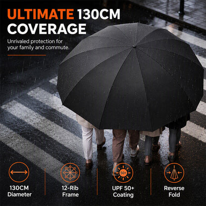 ☂️ 50% DI SCONTO ORA! Ombrello pieghevole XL 125/130 cm, 12 stecche, chiusura inversa, antivento e protezione solare UPF50+