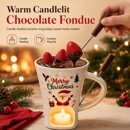 🎄 Tazza per fonduta di cioccolato in ceramica natalizia con forchetta